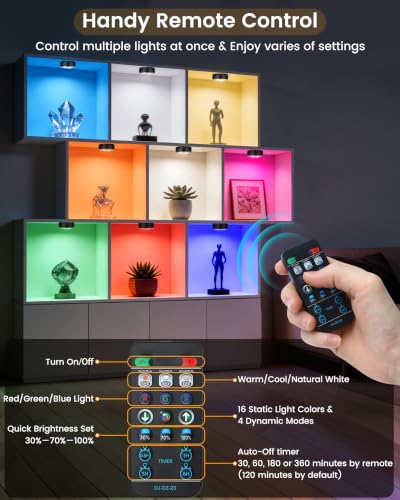 TECOMLIGHT 6 Pack Remote-Controlled Puck Lights with 3 White Tones & 13 Colors, Black Finish