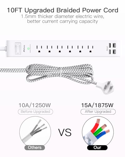 Mifaso White & Grey 10FT Surge Protector Power Strip with Flat Plug, 6 AC & 4 USB Ports