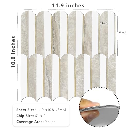 Vamos Peel and Stick Backsplash Tiles - White, Beige Slate & Light Gold, 10 Sheets
