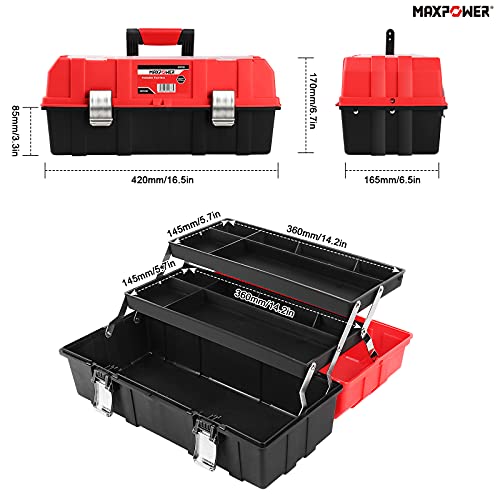 MAXPOWER 16-Inch 3-Tier Folding Tool Box with Clear Dividers & Stainless Steel Latches