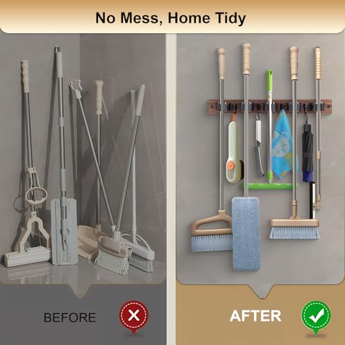 FunCee Brown Wall Mount Broom Holder with 5 Slots & 4 Hooks, Rustic Wood Storage Rack