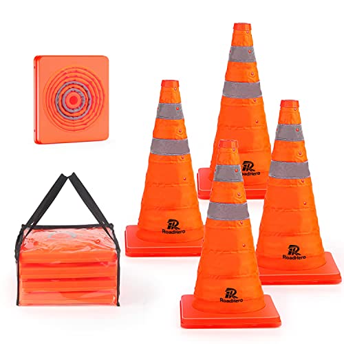 RoadHero 18 Inch Collapsible Traffic Cones Set of 4 with Storage Bag, Orange