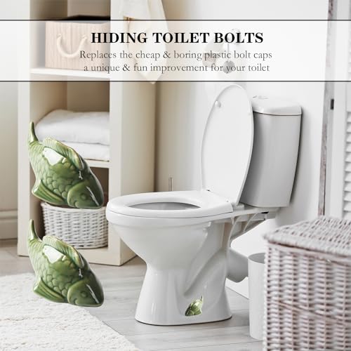 ZUNON Green Fish Ceramic Toilet Bolt Covers - Decorative Bathroom Decor Set of 2