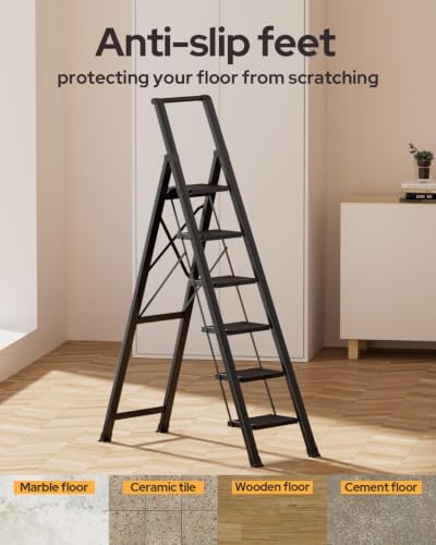Black Foldable 6 Step Ladder Stool - Lightweight Aluminum, Anti-Slip, 300 lbs Capacity