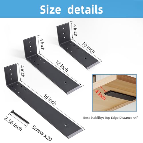 WEKIS 10 Inch L Shape Heavy Duty Countertop Support Brackets 3 Pack - Hidden Steel Shelving Hardware for Granite and Quartz Countertops