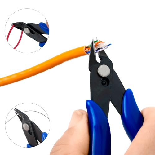 HongWay 5pcs Micro Flush Cutters With Internal Spring, 5 Inches Blue - Side and Diagonal Cutters for Electronics, Heating Wire, Model Sprue, Soft Copper Wire Snips
