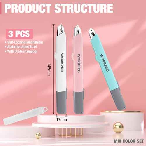 WORKPRO Premium Utility Knife Retractable Snap-off blade, Gift for Men/Women Heavy Duty Box Cutter Set, Razor Knife Exacto Craft Knives, with 10 Extra 9mm Blades, Pack of 3