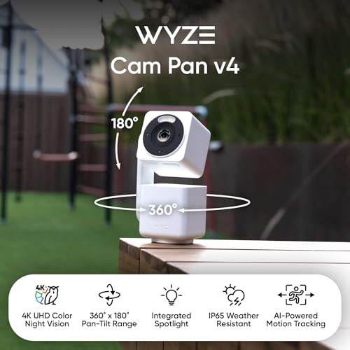 WYZE Cam Pan v4 4K Indoor/Outdoor Security Camera 1 Pack, 360° Pan, Night Vision