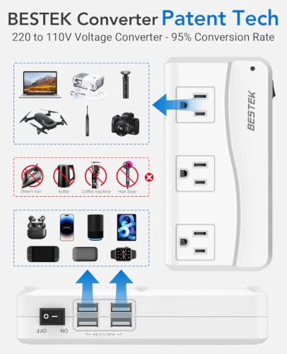 BESTEK White Travel Power Adapter 220V to 110V Converter with 4 USB Ports