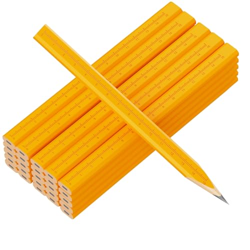 Ropro 25 Pack Flat Carpenter Pencils with 15cm Ruler — HB Graphite, Yellow, Octagonal