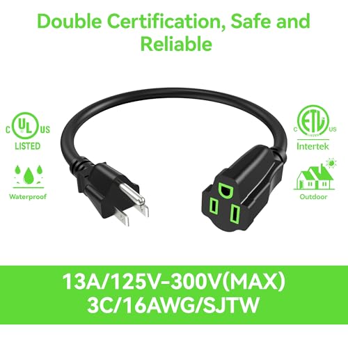 ECJTU 0.5FT Power Extension Cord 2 Pack - Waterproof Heavy Duty 3 Prong Cable