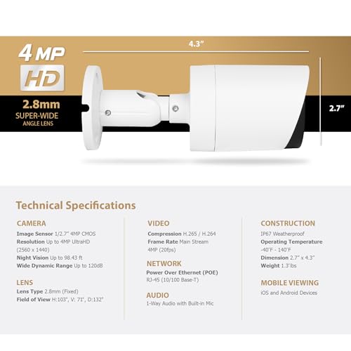 Marquis 4MP PoE IP Bullet Camera with Audio, IP Security Camera Outdoor Rated, Waterproof IP66, 108¡Æ Wide Angle 2.8mm Lens (Color Night) NDAA Compliant
