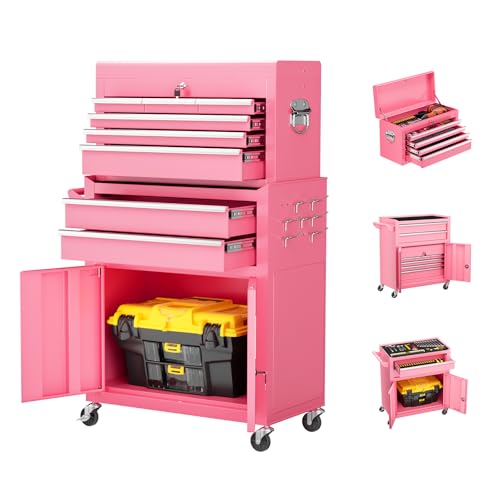 Crownland 8-Drawer Rolling Tool Chest: Pink, 2-in-1 Top Cabinet + Bottom Chest