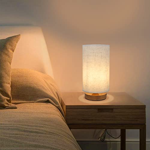 SEENSINY Small Bedside Table Lamp with Wood Base, Round Set of 1, Warm White, E26 LED Bulb Included