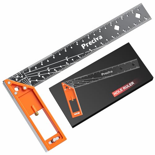 Preciva 12" Right Angle Woodworking Square Ruler with Stainless Steel Blade, Retractable Ledge, 1/16" & 1/32" Notches – Orange 12 in