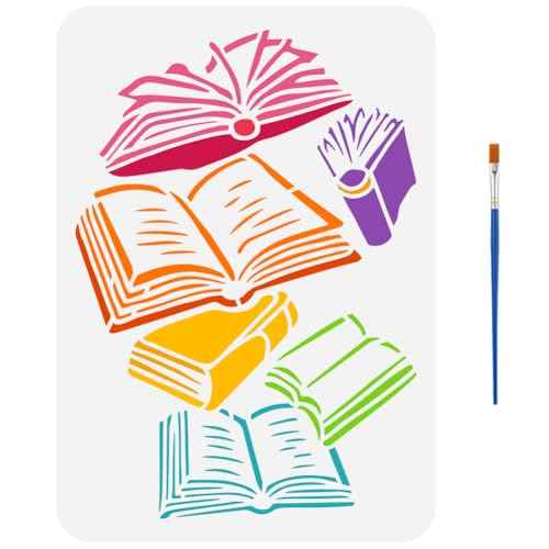 FINGERINSPIRE Scattered Books Stencil with Paint Brush 8.3x11.7inch Falling Books Drawing Template Plastic PET Open Books Painting Stencil Daily Theme Template for Home Wall Furniture Decoration
