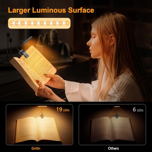 Gritin Rechargeable LED Book Light with Clip, 19 LEDs, Black / 1