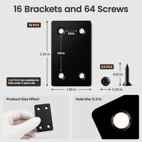 16 Pack Metal Flat Corner Brackets for Furniture & Wood Repair, Black Stainless Steel