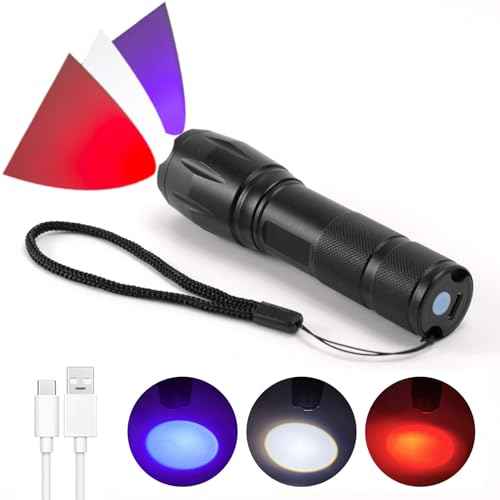 3 in 1 LED Rechargeable Flashlight, LED Small Flashlight with Memory Function, Super Bright Zoomable Red Lens Light 395 NM Black Lights Flashlights with USB C Charging for Camping Hiking Home