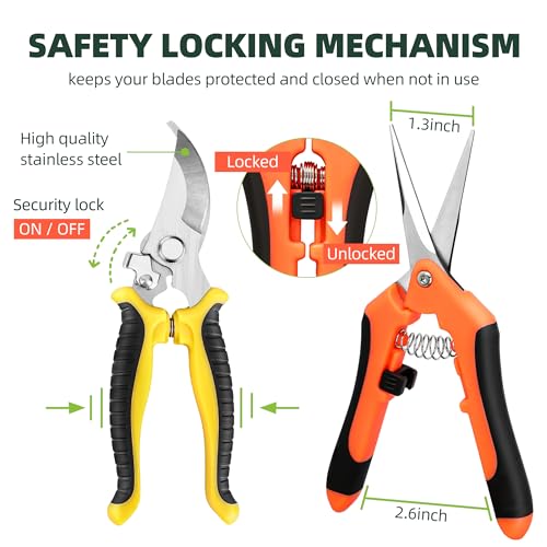 EWPJDK 3 Pack Garden Pruning Shears Scissors Clippers Stainless Steel - Yellow Orange