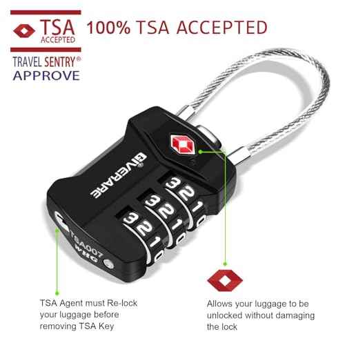 2 Pack TSA Approved Travel Luggage Locks, Cable Combination Lock Alloy, Metal Keyless 3-Digit Padlocks, Weatherproof TSA Accepted Padlock for Gym Locker, Golf Bag Case, Backpack, Black-by GIVERARE