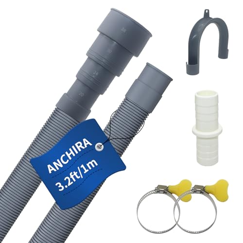 Anchira 3.2 ft Washing Machine Drain Hose Extension Kit with 4 Diameters, 1 m Corrugated Hose + 1 Adapter + 2 Clamps + U-Bend Holder