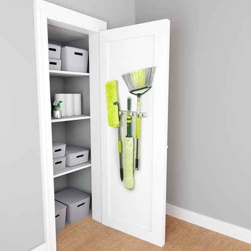 Pine-Sol Mop and Broom Holder - Hanging Wall Mount Storage Rack with 3 Slots and 6 Hooks - Adjustable Cleaning Tool Organizer for Garage, Kitchen, and Utility Closet