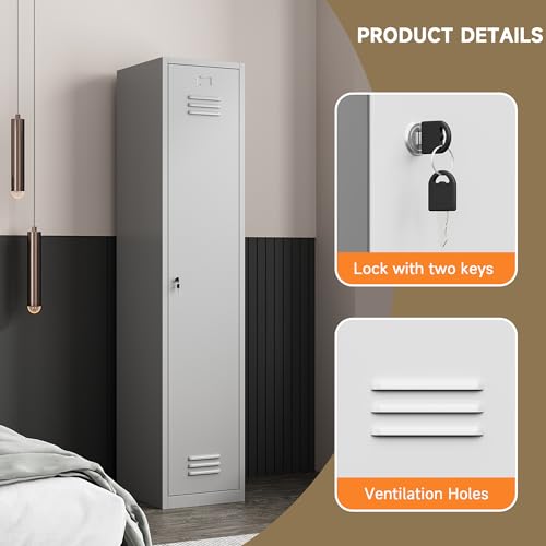 Topass 71-Inch Grey Metal Lockers for Employees, Lockable Steel Storage Cabinet, 1-Door