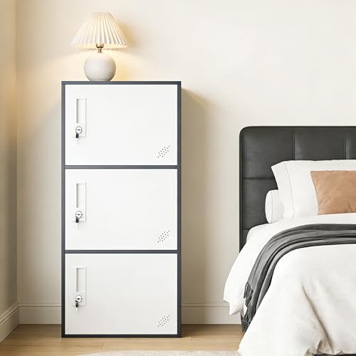 WISUNO 3-Door Metal Storage Cabinet with Lock, Stackable Office & Home Organizer