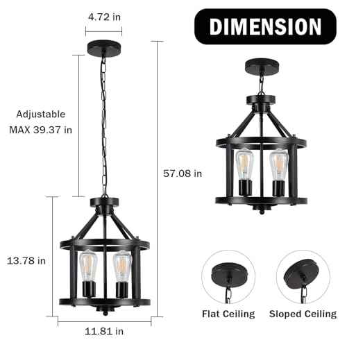 Black Farmhouse Chandelier, 4-Light Pendant Lights Over Kitchen Island, Industrial Chandelier Ceiling Hanging Light Fixtures for Entryway Dining Room Foyer Hallway Living Room, Adjustable Height