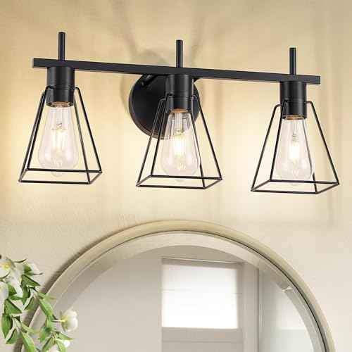 Farmhouse Bathroom Vanity Light Fixtures Over Mirror, Matte Black 3-Light Wall Sconce with Metal Cage, E26 Socket (Bulbs Not Included)