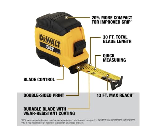 DEWALT Atomic Compact Series Tape Measure 30 ft / 9.1 m with Fractional Blade