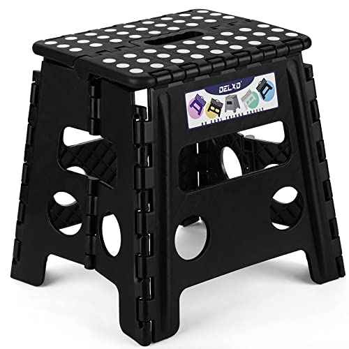 Delxo Folding Step Stool, 13 inch Non-Slip Foldable Stools Up to 300 LBS, Step Stool with Handle, Lightweight for Kitchen, Bathroom, Bedroom, Garden, Black, 1PC