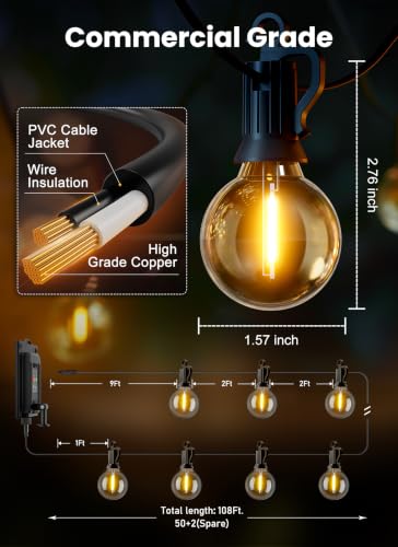 Brightown Black 108FT 52LED Solar String Lights Outdoor Waterproof with Remote & USB