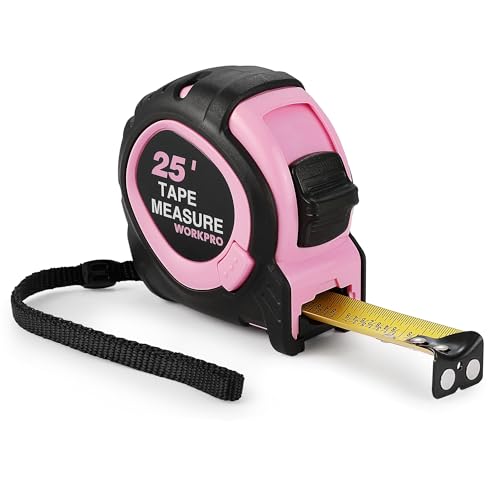WORKPRO 25-FT Tape Measure with Fractions, Magnetic Hook, Nylon Coated Blade, Compact Locking Tool, Pink