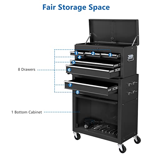TUFFIOM 8-Drawer Rolling Tool Chest Black with Lockable Wheels & Detachable Top