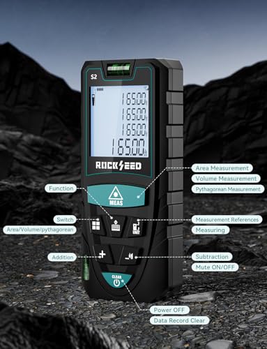 RockSeed Blue Digital Laser Distance Meter with Bubble Levels, 165ft Range, Backlit LCD