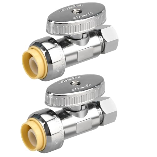 2 Pack Brass Straight Stop Valves 1/2" Push-to-Connect & 3/8" Compression, Reusable, for Plumbing