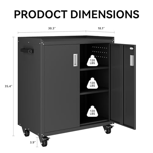 COFaR Heavy-Duty 2-Door Rolling Storage Cabinet, 35"H Black with 2 Adjustable Shelves, Lockable Wheels & Doors (Without Drawer) – Industrial Tool Chest