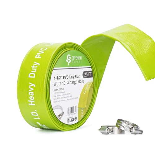 Green Expert 1.5 Inch ID PVC Lay-Flat Discharge Hose 25ft for Water Removal with Steel Clamp Kit