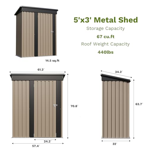 Patiowell 5x3 FT Outdoor Storage Shed Brown - Weatherproof Garden Tool Storage