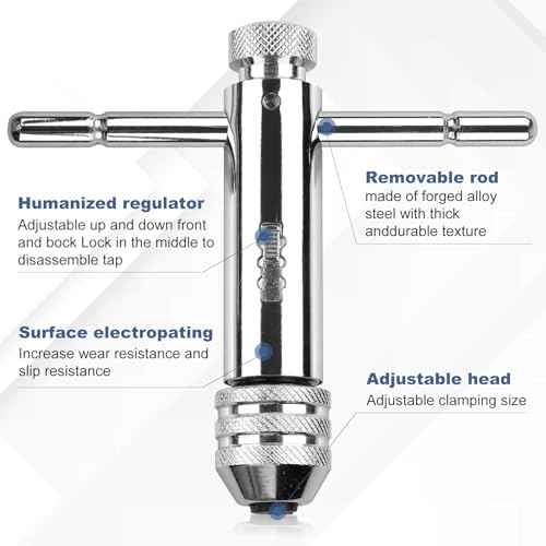 Rocaris Adjustable T-Handle Ratchet Tap Holder Wrench + 5pcs M3-M8 Machine Screw Thread Metric Plug Tap