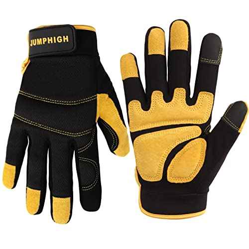 JUMPHIGH Mens Work Gloves, Synthetic Leather Mechanic Gloves, Utility, Touchscreen, Multipurpose, Construction, Warehouse, Truck Driving (L)