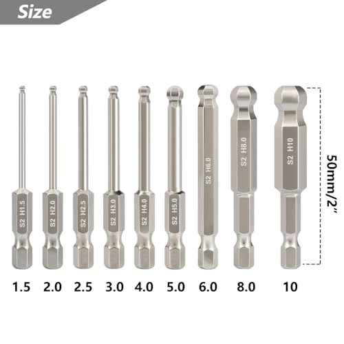 9pcs Metric Ball End Hex Screwdriver Bit Set, Magnetic Allen Wrench Drill Bit Set, 1/4" Hex Shank S2 Steel, 2" Long