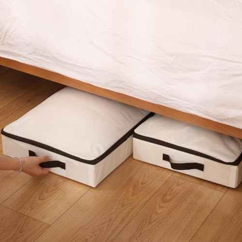 AMJ 3 Pack 4inch Underbed Storage Bins, Under Bed Storage Containers with Zippers for Blanket, Pillows, Comforters & Quilts, Beige