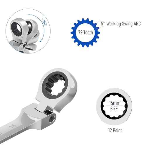 16mm Flex-Head Ratcheting Combination Wrench Metric 72 Teeth 12 Point Ratchet Box Ended and Open End Spanner Tools, Flexible Head Gear Wrench, Heat-Treated CR-V