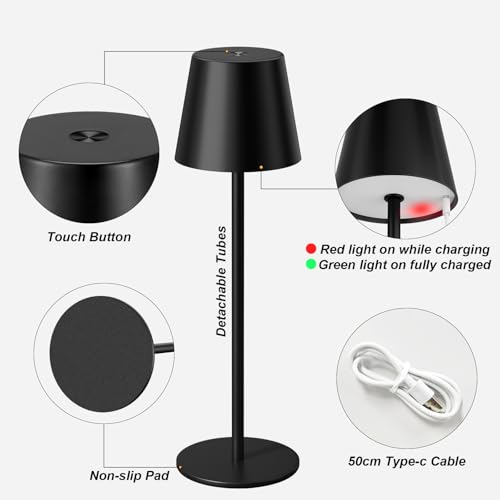 Black Matte Rechargeable Cordless Table Lamp Set with Touch Control & 3 Color Modes