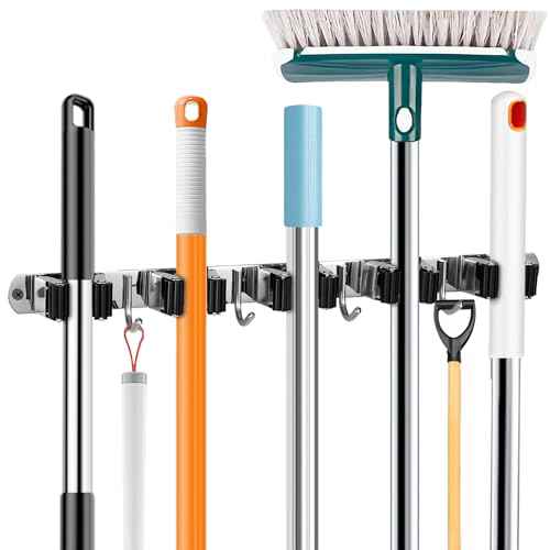 Broom Holder Wall Mount, Broom Organizer Wall Mount Stainless Steel Broom and Mop Hanger Heavy Duty Storage Organization for Home Kitchen Garden Garage Room 5 Racks 4 Hooks (1Pack)(Black Racks)