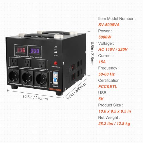 VEVOR 5000W Voltage Converter Transformer Step Up/Down 220V-110V