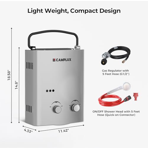 CAMPLUX 1.32 GPM Portable Tankless Propane Water Heater - Gray, Off-Grid & RV Ready, Battery Powered